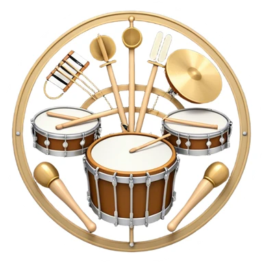 Create a complex, festive, and professional emblem-like emoji representing percussion instruments. The design should resemble a heraldic crest, featuring iconic drums and percussion such as a snare drum, bass drum, timpani, cymbals, marimba, and tambourine, arranged in a balanced and symmetrical composition. Drumsticks should cross elegantly at the center, symbolizing rhythm and energy. A flowing ribbon of musical notes should weave dynamically around the instruments, enhancing the celebratory and grand aesthetic. Ornate elements such as laurel wreaths, swirls, or subtle engravings should emphasize the prestige and importance of percussion in music. The color palette should include rich gold, deep mahogany, and silver, with refined highlights and shading for a polished, three-dimensional effect. The overall composition should be harmoniously structured, visually complete, and suitable as a standalone emblem. The background should be transparent. sticker