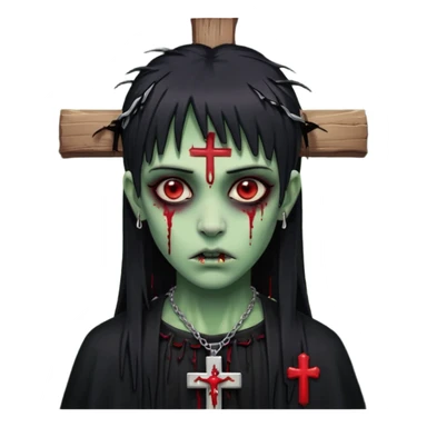 zumbi verde com olhos vermelhos sangrando e franja roupa preta e um crucifixo como colar, sem ser na testa e um piercing no nariz bem feminino a franja reta também  sticker
