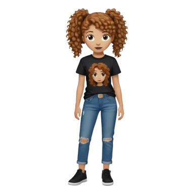 Girl with chestnut colored curly hair in a ponytail, and then a black raper on shirt and loose jeans sticker
