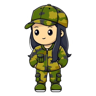 woman with long black hair in camouflage outfit wearing IC daddy cap sticker
