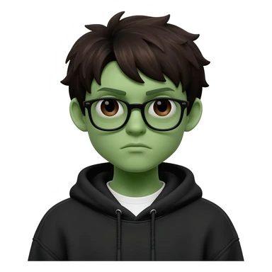 zombie boy with white tshirt and black brownish hair and with black glasses frames on hair is texturized young boy and round face more green face and dark brown eyes black thick cotton y2k hoodie with the white t-shirt under it hood of hoodie is standing up a slight bit and no ties on hoodie sticker