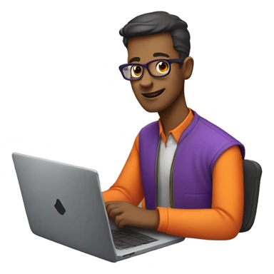 A geek on a laptop in an orange and purple shirt sticker