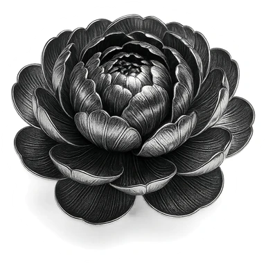 chrome style peony flower with layered metallic petals, highly reflective and polished sticker
