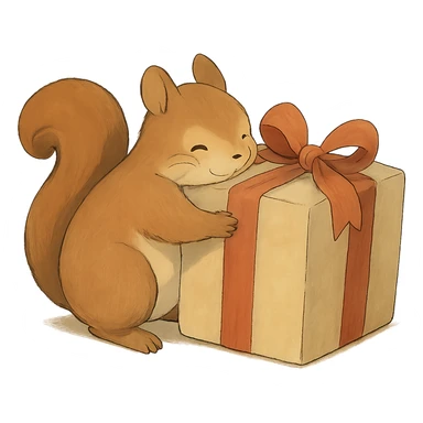 squirrel hugging a big gift box with bow, soft Ghibli style sticker