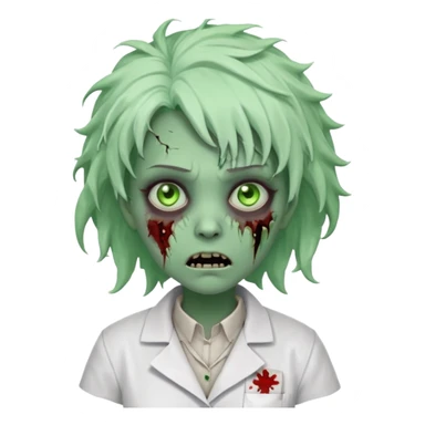 zombie scientist woman portrait, head and shoulders only, torn lab coat collar, pale green skin, stitched face details, glowing eerie eyes, messy hair, creepy but cute cartoon style, 3D cartoon, mobile game icon style, clean background, no text, no watermark
 sticker