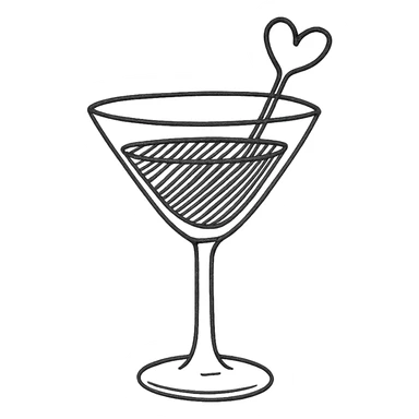 cocktail glass with burgundy drink and a heart-shaped stirrer, hand drawn style sticker
