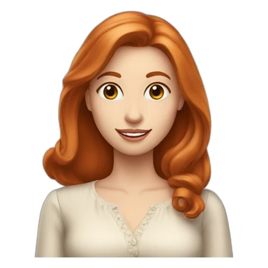 redhead white woman with medium long straight hair, greetting, wearing romantic blouse sticker