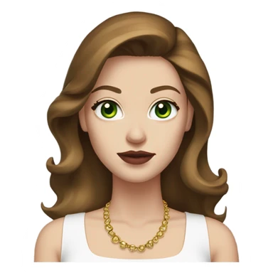 woman, with chestnut brown hair, her hair are a 90s blowout, she has very green eyes and a white pale skin, she has dark pink lipstick on and long lashes, she wears a white top with gold earrings  sticker