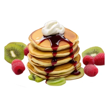 three pancakes with sour cream on top, raspberry jam and kiwi slices in a white plate sticker