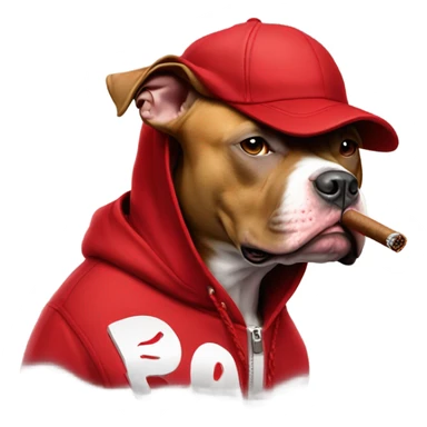 Pitbull smoking a cigar wearing a red hoody and red hat with the word blood on it sticker