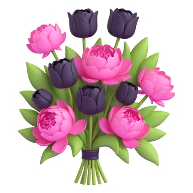minimal 3D gothic bouquet with pink peonies and black tulips, simple and elegant sticker