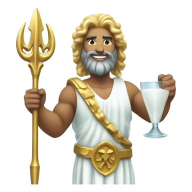 Poseidon with Trident. white dress. smile . eye blink. with glass sticker