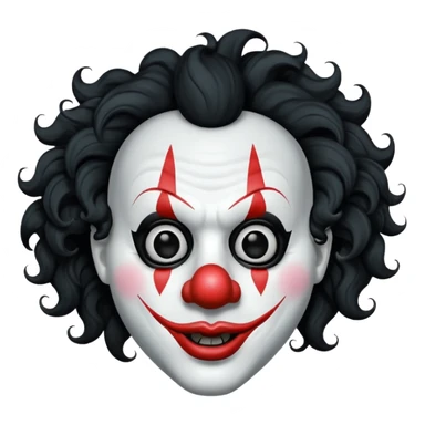 generate white clown mask emoji with a big curly black hair 

black coloured  lips and no teeth, no red nose but instead long and pointy white nose with no nostrils, pitch black eyes with no pupils, no brows sticker