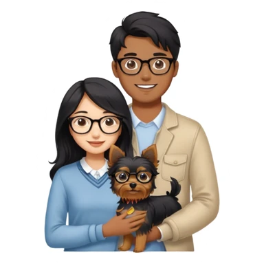 “An Asian girl with long, wavy black hair flowing freely stands beside her smiling boyfriend—a brown-skinned man with a middle part hairstyle and glasses. They are holding a small Yorkshire Terrier together.” sticker
