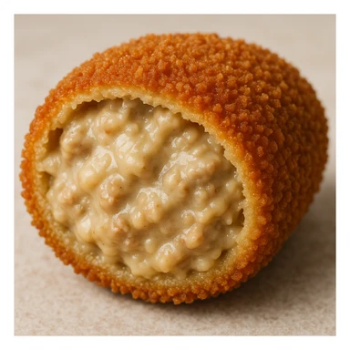 Dutch kroket cut open to show creamy filling, appetizing sticker