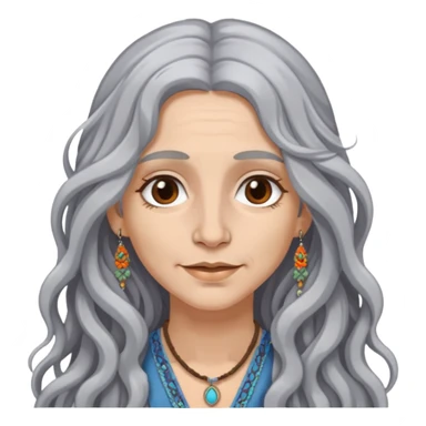 woman hippie long wavy gray hair brown eyes nose ring sticker