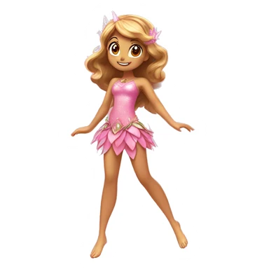 the adult latina fairy of nature in her enchantix fairy pink clothing and fairy enchantix wings and long light brown hair from winx club. Small eyes, Lots of sparkles and fairydust. Full body and full fairy bliss sticker