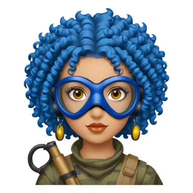 blue curly haired paintball player girl with huge earrings, wearing paintball mask sticker