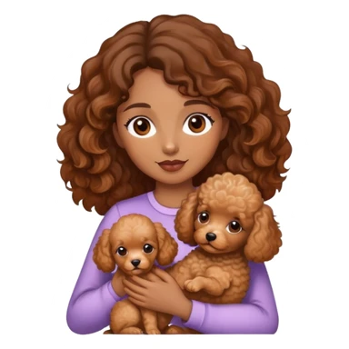 woman with  brown  skin,  wavy  hair ondas eyes is holding a apricotpoodle puppy sticker