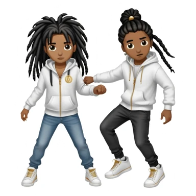 brownskin boy with black  dreads wearing white hoodie with grey jeans and white shoes and a gold circle chain beating up a darkskin girl with 8 long black french braids with brown highlights wearing black zip up and black jeans with black and white shoes. sticker