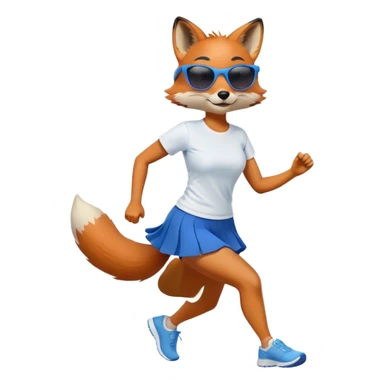friendly anthropomorphised female fox in skirt and t-shirt, wearing dark sunglasses, jogging upright in relaxed pose sticker