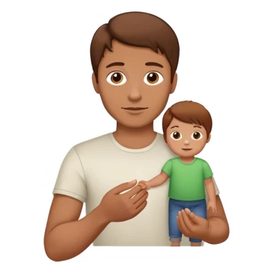 A man with brown hair holding a small child by the hand, the child has reddish-brown hair sticker