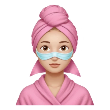 Clean girl influencer character, chest-up portrait, wearing a pink towel wrapped around the head, facial skincare mask on face, relaxed confident expression, soft glow skin, minimal chic aesthetic, subtle beauty accessories, calm self-care vibe sticker