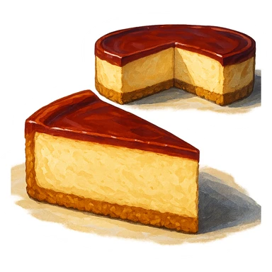 В слегка рисованном, но при этом ярком и объемном стиле с четкими линиями составь фотореалистичную композицию, где лежит кусок чизкейк, вырезанный из целого торта, профессиональный свет, подчеркивающий объем, сделай картинку более широкой, прозрачный фон sticker