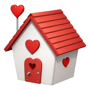 a birdhouse with a red roof with the rest white and a heart at the top but below the roof sticker