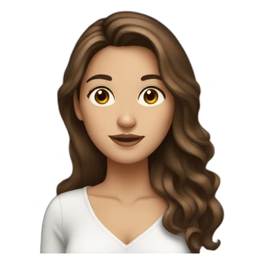 Brunette woman with balayage and long hair, brown eyes with a computer sticker