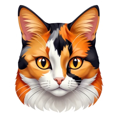 Cinematic Noble Calico Cat Portrait Emoji, Poised and regal, with a striking patchwork fur in vibrant orange, black, and white hues, delicate whiskers and a refined, focused gaze, simplified yet exquisitely detailed, glowing with a soft, moonlit radiance and an air of aristocratic elegance, high shine, exuding dignified intelligence and poised authority, soft glowing outline, capturing the essence of a watchful and noble calico cat that appears ready to grace the screen with effortless majesty! sticker