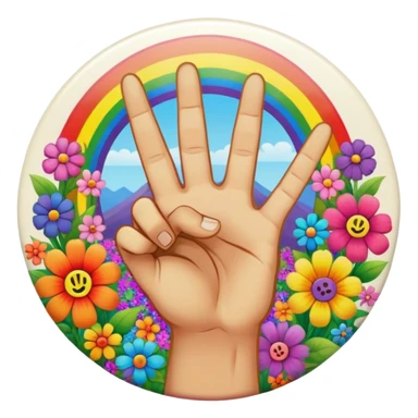 A round psychedelic colored button with a hand making the peace sign in the center surrounded by rainbow colored hippie style flowers sticker