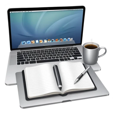 A Mac with a cofre next to it and a notebook and pen on the other side, all seen from above sticker