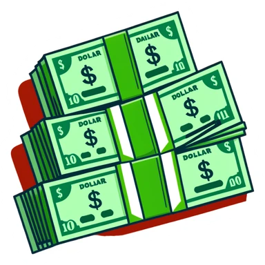 green upward arrow next to progressively taller stacks of dollar bill packs wrapped with bands sticker