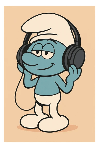 a smurf character with large headphones, cartoon style sticker