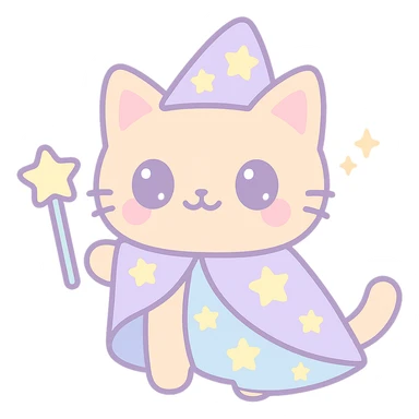 pastel tone kawaii style wizard cat with starry cloak and magic wand sticker