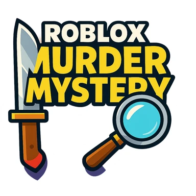 Roblox Murder Mystery logo with bold text, knife and magnifying glass, vibrant toon style sticker