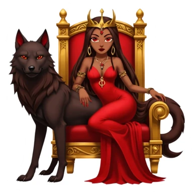 Caramel skin toned Lilith symbol seductress evil brown straight long hair haired, sexy succubus woman with red and black Chanel dress sitting on a Black and gold throne. A large black wolf laying beside her. Tattoos all down her arms sticker