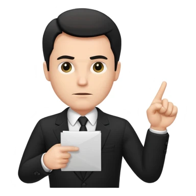 A white man in a black suit stands with a serious face and points at his hand holding papers. sticker