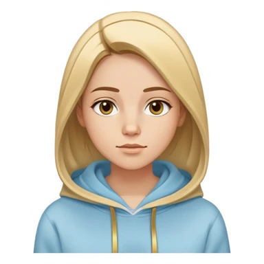 Woman with oval face, straight brown hair with blonde highlights parted to the side, dreamy expression, wearing a light blue hoodie with gold and white accents sticker