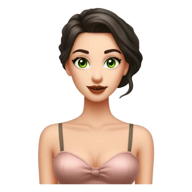 beautiful girl with high cheek bones orange blush, long straight shiny dark brown hair, big green eyes and big pale pink lips. Long thick eyelashes. Wearing a cream bustier.  She is smirking sticker