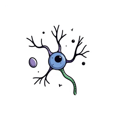 scientific doodle of a neuron with blue soma, branching purple dendrites, green axon with myelin, all encircled by a luminous protective barrier, hand-drawn, detailed, with shield motif sticker