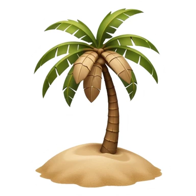 A 3D cartoon coconut palm tree with coconuts near the top and a sandy base, tropical light setting, Memoji-style realism. sticker