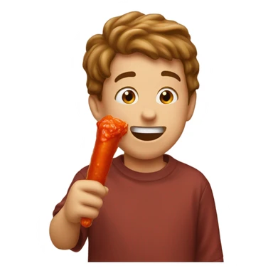 Boy eating beef stick with hot sauce sticker