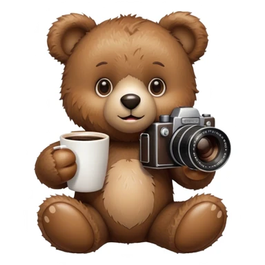 teddy bear sitting with coffee and camera plash sticker