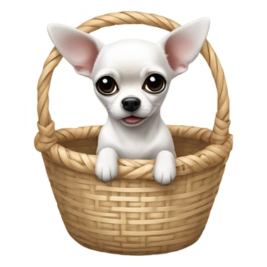 white chihuahua with black ears in basket with bow sticker