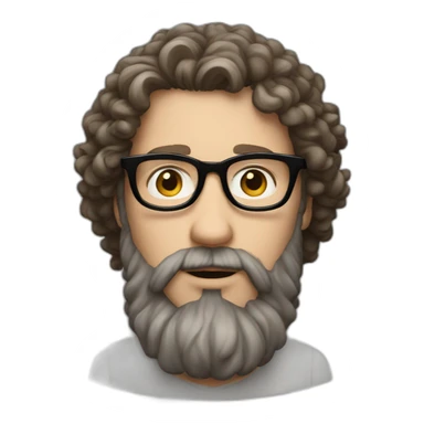 white man with curly brown hair, long beard and black rimmed glasses sticker