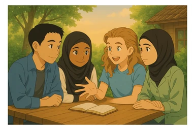 Four students in Ghibli style, working together on a project, smiling, warm atmosphere, collaboration and mutual support, bright and natural background. sticker