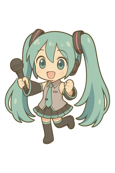 Hatsune Miku in chibi style with oversized turquoise hair, cute pose, holding a microphone instead of a leek, same chibi stickers style, no background sticker