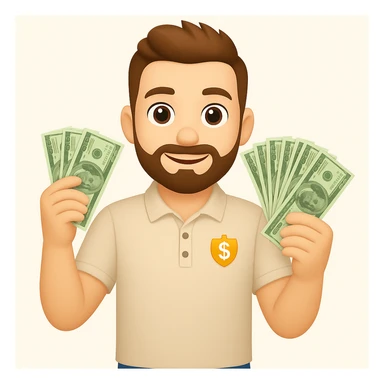 Peau un peu plus claire et cheveux relevés sur l'homme barbu châtain en polo avec des liasses de billets, make it emoji style sticker